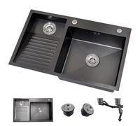 Stainless Steel Laundry Sink With Washboard,Double Bowl Topmount Washboard Wash Basin With Drain Kit & Angle Valve, Silver/Black Options For Laundry Room, Balcony(Black,70X48CM_LEFT)