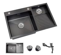 Stainless Steel Laundry Sink With Washboard,Double Bowl Topmount Washboard Wash Basin With Drain Kit & Angle Valve, Silver/Black Options For Laundry Room, Balcony(Black,60X48CM_RIGHT)