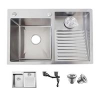 Stainless Steel Laundry Utility Sink with Washboard - Large Double-Bowl Workstation Basin Includes Angle Valve & Drain Kit for Garage Utility Room (Left 80x48cm)