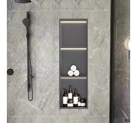 Stainless Steel LED Shower Niche, No Tile Required Bathroom Storage Cabinet, Over Mount 2-Tier Shelf, Modern Gray Wall Lighting, 28x12.5x70cm