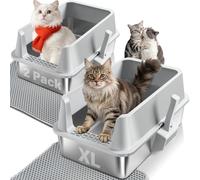 Stainless Steel Litter Box 2 Pack, XL Extra Large High Sided Metal Cat Litter Box with Lid and Scooper, Easy Clean, Non Stick & No Smell-24"x16"x12"
