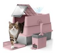 Stainless Steel Litter Box | Enclosed Cat Litter Box with Lid for Big Cats | High Sided Metal Litter Boxes | 100% Anti-Urine Leakage | Non-Stick with Litter Mat & Litter Scoop Set (Blush Pink)
