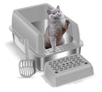 Stainless Steel Litter Box, Extra Large Litter Pan with Cover Litter Box, Non-stick, Odourless, Easy To Clean, with Litter Scoop and Litter Box gray