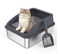 Stainless Steel Litter Box for Kitty | Metal Kitty Litter Box with Lid High Sided for Small Cats or Injured Cats, Bunny Litter Boxes, Low Entry, Odor-Free, Non-Stick,Includes Scoop