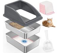 Stainless Steel Litter Box for Pine Pellet Cat Litter Non Clumping Litter System | XXL Sifting Cat Litter Box with Lid for Big Cats | High Sided, Anti-Urine Leakage | Non-Stick Bottom