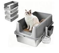 Stainless Steel Litter Box for Pine Pellets and Clay Litter, 24" x 16" x 12" Extra Large Cat Litter Box, High Side Metal Litter Box for Big Cats(2 Storage Pans&1 Sift Pan)