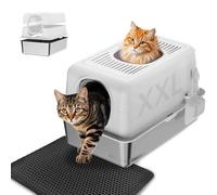 Stainless Steel Litter Box, Large Top Entry Cat Litter Tray for Big Cats, Cat Litter Box Enclosure High Sides with Lid, Enclosed Metal Kitty Litter Boxes Pan Tray with Scroop and Mat (white)