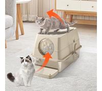 Stainless Steel Litter Box with Lid, Enclosed Large Cat Litter Tray w/High Sided, 120° Flip Top, Front & Top Entry, Anti-Leakage Non Stick Surface XXL Cat Litter Pan w/Scoop & Steps 60x40x39cm - Khaki