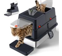 Stainless Steel Litter Box with Lid, Enclosed Metal Litter Box, Extra Large Kitty Litter Pan Covered with Scoop & Pedal, Odor Control, Odor Free, Front & Flip-Top Entry, Black