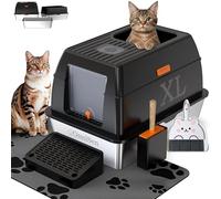 Stainless Steel Litter Box with Lid, Metal Litter Box with Scoop, Top Entry Litter Box with Mat, Covered Litter Box, Extra Large Cat Litter Box with Lid, Enclosed Cat Litter Boxes (Black)