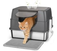 Stainless Steel Litter Box with Lid, Side Entry Large Enclosed Cat Litterbox for Kitty & Multi-Cat, Flip Cover Easy to Clean, High Sided Metal Cat Litter Pan with Scoop, Mat, Anti-Leakage, Non-Sticky