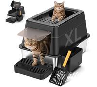 Stainless Steel Litter Box with Lid, XL Closed Metal Litter Box Modular Design with Flip Lid Fits All Cats, Extra Large Covered High Sided Cat Box, Scoop, Non-Sticky, Easy Cleaning, Black
