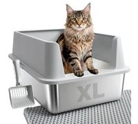 Stainless Steel Litter Box, XL Metal Cat Litter Box with Lid, Extra Large Cat Litter Boxes for Big Cats with High Sides, Leak Proof, Easy to Clean, No Stick, Odor Control, Include Scoop and Mat