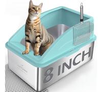 Stainless Steel Litter Box | XXL Deepened 8" Design Enclosed Box with Lid for Big Cats | High Sided, Anti-Urine Leakage | Non-Stick Bottom & Includes Litter Mat & Metal Scoop (Turquoise)
