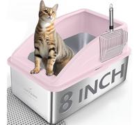 Stainless Steel Litter Box | XXL Deepened 8" Design Enclosed Box with Lid for Big Cats | High Sided, Anti-Urine Leakage | Non-Stick Bottom & Includes Litter Mat & Metal Scoop(Cute Pink)
