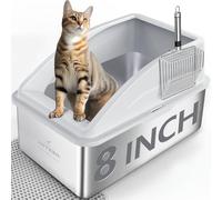 Stainless Steel Litter Box | XXL Deepened 8" Design Enclosed Cat Litter Box with Lid for Big Cats | High Sided, Anti-Urine Leakage | Non-Stick Bottom & Includes Litter Mat & Metal Scoop