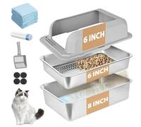 Stainless Steel Litter Box, XXL Sifting Litter Box for Pine Pellets, High Sides Metal Litter Box System for Big Cats with Plastic Scoop &10 Urine Pads (8 Inch)