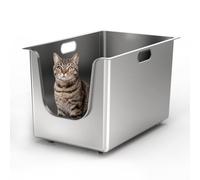 Stainless Steel Litter Tray 35cm High Sides, XL Metal Cat Litter Tray with Curved Low Entry, Cat Litter Pan for Big & Multiple Cats, Pet Toliet with Handy Wheels for Easy Moving