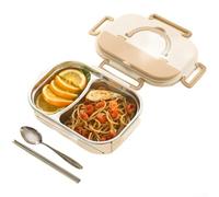 Stainless steel lunch box with partitioned compartments and leak resistant silicone lid, including spoon and chopsticks, suitable for healthy meal packing and transport (A)