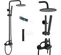 Stainless Steel Matte Black Outdoor Shower Fixture Set with 8 Inch Rainfall Shower Head and Handheld Spray Wall Mount Shower Faucet with Adjustable Slide Bar and One Handle LWX
