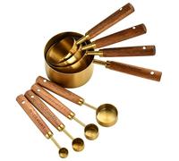 Stainless Steel Measuring Cups and Spoons Set, 8PCS Gold Measuring Cups and Spoons with Wooden Handle, with Scale, for Cooking and Baking