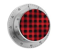 Stainless Steel Mechanical Red Black Buffalo Check Plaid Pattern Printed Timer with Magnetic Back, for Cooking, Baking, Study And Daily Time Management