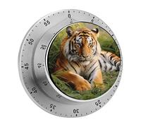 Stainless Steel Mechanical Tiger Laying on The Grass Printed Timer with Magnetic Back, for Cooking, Baking, Study And Daily Time Management