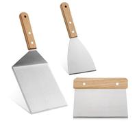 Stainless Steel Metal Spatula Set, Flat Spatulas, Griddle Scraper Chopper, Grill Turner with Wooden Handle for Teppanyaki, Barbecue, Steak, Pizza, 3 Pieces