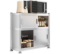 Stainless Steel Microwave Storage Rack with Doors - Multi-Tier Kitchen for Utens, Tableware, and Home Storage Solutions