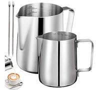 Stainless Steel Milk Jug,Tianher 2 Pcs Milk Frothing Pitcher(350ml+600ml) with 2 Pcs Measurement and Latte Decorating Art Pen for Barista Making Coffee Cappuccino and Espresso (Silvery)