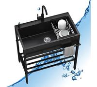 Stainless Steel Mobile Kitchen Sink, Black Freestanding Single Bowl Design, 68 x 45 x 85 cm, with Hot and Cold Taps, Overflow Protection, for Kitchen, Outdoor and Gastro Use (68x45x86cm)