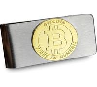 Stainless Steel Money Clip with Gold Plated Bitcoin Emblem Gift for Men, silver / gold, Money clip with inscription