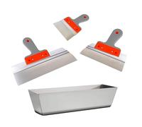 Stainless Steel Mud Pan 25 cm 10 inch + 3 x Stainless Filling Knife Set Drywall Taping Jointing Wall Crack Repair DIY Hand Tools