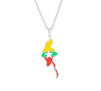 Stainless Steel Myanmar Map Flag Pendant Necklace for Men & Women - Burmese Patriotic Couple Jewelry Gift Idea (Silver Color,60cm or 23.7 Inches)