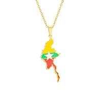 Stainless Steel Myanmar Map Flag Pendant Necklace for Men & Women - Burmese Patriotic Couple Jewelry Gift Idea (Gold Color,60cm or 23.7 Inches)