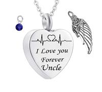 Stainless Steel Necklace, Necklaces for Ashes Heart I Love You Forever Uncle ECG with Wing Birthstone Necklace for Memorial Keepsake