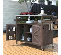 Stainless Steel Outdoor Kitchen Island Rolling Bar Cart with Solid Wood Storage Spice & Towel Rack Lockable WheelsPerfect for BBQ & Patio Use (Dark Brown)