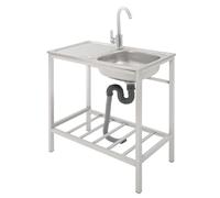 Stainless Steel Outdoor Sink with Hose Hook Up, Free Standing Laundry Tub with Workbench & Storage Shelves, 2-Tier Utility Laundry Sink for Laundry Room Farmhouse Camping Backyard