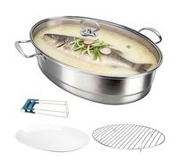 Stainless Steel Oval Fish Steamer - Multi-Use Cooking Pot with Rack, Ceramic Pan & Chuck, Versatile Braiser, Stockpot for Steaming Fish, Boiling Soup & Cooking Pasta