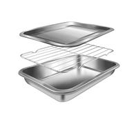 Stainless Steel Oven Tray, Oven Tray with Cooling Rack, Rectangle Roasting Tray, Kitchen Tray Set for Baking, Roasting, Drain Vegetables, 26.5 x 19.5 x 4 cm
