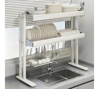 Stainless Steel Over the Sink Dish Drying Rack with Cup Holder - Double Layer Kitchen Organizer for Dishes and Glasses