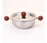 Stainless Steel Pan with Thickened Bottom and Wood Handle for Stable Heating on Gas Induction and Electric Stoves (C)