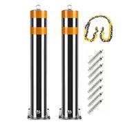 Stainless Steel Parking Bollard Post with Lock & Warning Stripes - 2-Pack Traffic Safety Bollards (7.6x75cm/3x29.5in) for Driveway Construction & Public Areas - Includes 6m Chain