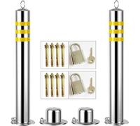 Stainless Steel Parking Post Bollards 2 Pack - Security Posts For Driveways with Reflective Strips, Easy Installation Prevent Rust - Traffic Sign Posts (Silver 800x89mm/31.5x3.5in)