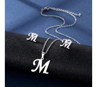 Stainless Steel Pendant Necklace Ear Studs Set Fashion Letter Necklace Adjustable Chain Present For Man Woman Letter Ear Jewelry For Women