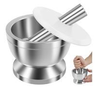 Stainless Steel Pestle and Mortar Set Efficient Spice Crusher with Silicone Lid and Anti Slip Base Rustproof Pill Crusher Multifunctional Kitchen Manual Masher for Herbs Pills Beans Garlic Spices(S)