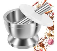 Stainless Steel Pestle and Mortar Set Efficient Spice Crusher with Silicone Lid and Anti Slip Base Rustproof Pill Crusher Multifunctional Kitchen Manual Masher for Herbs Pills Beans Garlic Spices(L)
