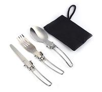 Stainless Steel Portable Camping Picnic Folding Cutlery Set Knife Fork Spoon Bag Outdoor Travel Essentials for Hiking Fishing Picnics Silver Color Compact Size 3 Piece Set
