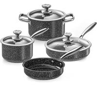 Stainless Steel Pots and Pans Set, 7-Piece Induction Hob Pan Set with Stay Cool Handles, Nonstick Saucepan Set Cooking Pans Set with Glass Lids, Black Granite Kitchen Cookware Set, for All Stove