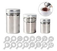 Stainless Steel Powder Shaker，3 Pcs Printing molds Decorating Stencils with Fine-Mesh Lid，for Icing Sugar Powder Cocoa Cappuccino Salt Pepper Can